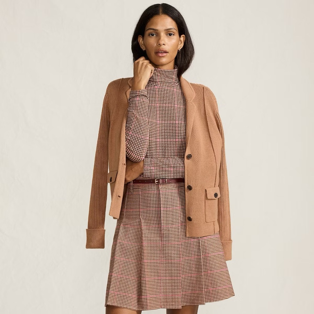 Lands’ End Brown Red Checkered Jersey Turtleneck Sweater S Cotton